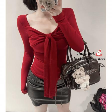 FA38147# 莫代尔人棉纯欲蝴蝶结绑带红色T恤女气质修身打底衫上衣 服裝批發女裝批發服飾貨源