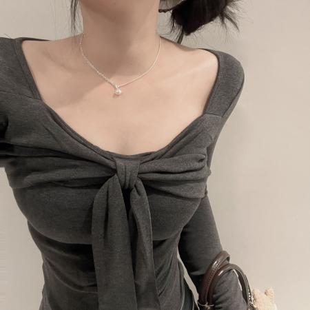 FA38147# 莫代尔人棉纯欲蝴蝶结绑带红色T恤女气质修身打底衫上衣 服裝批發女裝批發服飾貨源