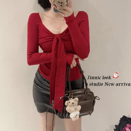 FA38147# 莫代尔人棉纯欲蝴蝶结绑带红色T恤女气质修身打底衫上衣 服裝批發女裝批發服飾貨源