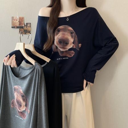 FA38152# 大码早秋新款韩系斜肩小狗印花长袖T恤修身显瘦百搭上衣 服裝批發女裝批發服飾貨源