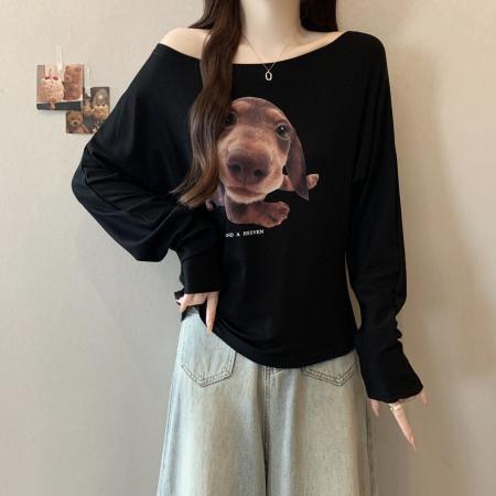 FA38152# 大码早秋新款韩系斜肩小狗印花长袖T恤修身显瘦百搭上衣 服裝批發女裝批發服飾貨源