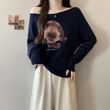 FA38152# 大码早秋新款韩系斜肩小狗印花长袖T恤修身显瘦百搭上衣 服裝批發女裝批發服飾貨源