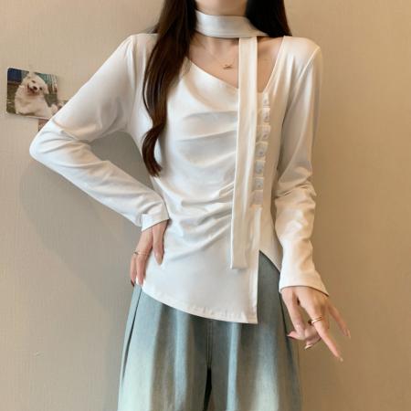 FA38153# 大码早秋新款v领飘带长袖打底衫褶皱设计感百搭上衣 服裝批發女裝批發服飾貨源