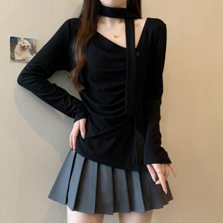 FA38153# 大码早秋新款v领飘带长袖打底衫褶皱设计感百搭上衣 服裝批發女裝批發服飾貨源