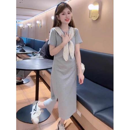 FA38154# 法式高级感拼接蝴蝶结披肩短袖连衣裙女夏季褶皱收腰显瘦减龄长裙 服裝批發女裝批發服飾貨源