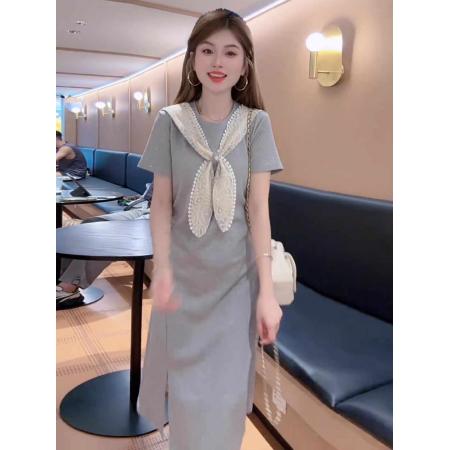 FA38154# 法式高级感拼接蝴蝶结披肩短袖连衣裙女夏季褶皱收腰显瘦减龄长裙 服裝批發女裝批發服飾貨源