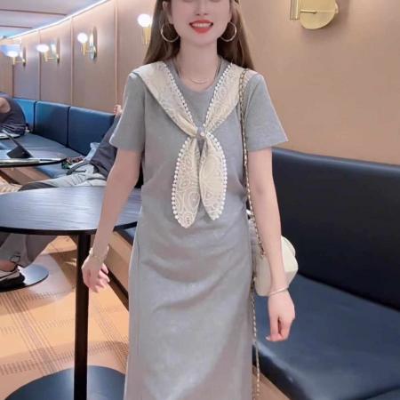 FA38154# 法式高级感拼接蝴蝶结披肩短袖连衣裙女夏季褶皱收腰显瘦减龄长裙 服裝批發女裝批發服飾貨源