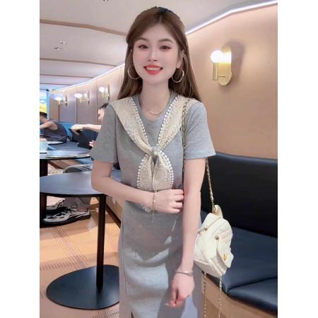 FA38154# 法式高级感拼接蝴蝶结披肩短袖连衣裙女夏季褶皱收腰显瘦减龄长裙 服裝批發女裝批發服飾貨源