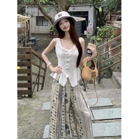 FA38155# 老钱风设计感小众时尚单排扣无袖上衣阔腿裤气质穿搭一整套高级感 服裝批發女裝批發服飾貨源