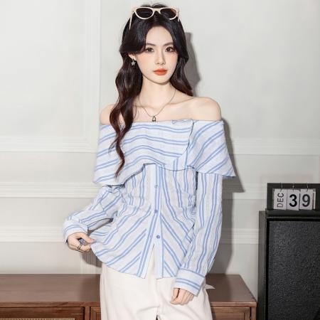 FA38158# 法式条纹长袖衬衫秋季新款一字肩荷叶领褶皱收腰显瘦上衣 服裝批發女裝批發服飾貨源