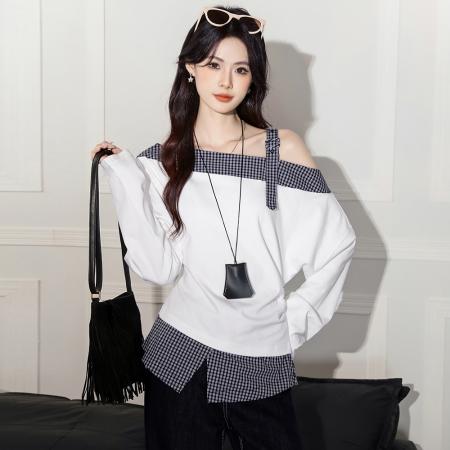 FA38159# 秋季韩系气质撞色格子露肩长袖T恤卫衣设计感小众上衣 服裝批發女裝批發服飾貨源
