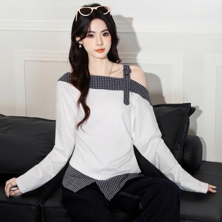 FA38159# 秋季韩系气质撞色格子露肩长袖T恤卫衣设计感小众上衣 服裝批發女裝批發服飾貨源