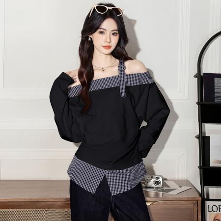 FA38159# 秋季韩系气质撞色格子露肩长袖T恤卫衣设计感小众上衣 服裝批發女裝批發服飾貨源
