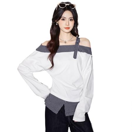 FA38159# 秋季韩系气质撞色格子露肩长袖T恤卫衣设计感小众上衣 服裝批發女裝批發服飾貨源