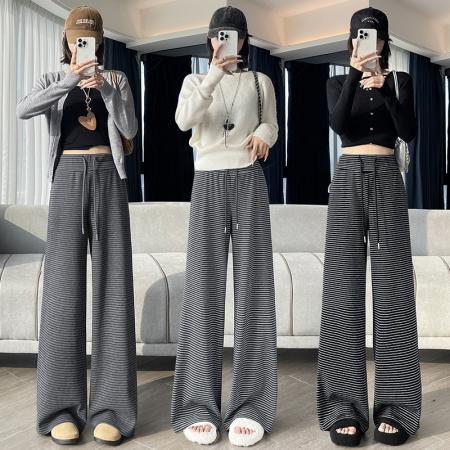 FA38163# 复古针织条纹阔腿裤女秋季新款高腰抽绳软糯显瘦直筒休闲裤 服裝批發女裝批發服飾貨源