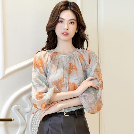 FA38165# 法式复古印花圆领长袖衬衫女秋秋季新款宽松灯笼袖防晒小衫 服裝批發女裝批發服飾貨源