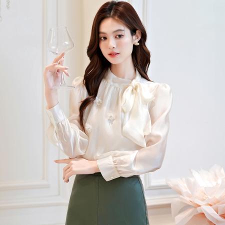 FA38167# 法式温柔风减龄立体花朵衬衫女秋季新款蝴蝶结飘带长袖雪纺衬衣 服裝批發女裝批發服飾貨源