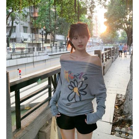 FA38171# 秋季新款美式复古不规则小众字母涂鸦长袖T恤气质百搭上衣女 服裝批發女裝批發服飾貨源
