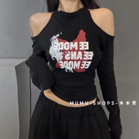 FA38174# 秋季新款韩版时尚圆领镂空露肩字母印花短袖T恤女修身 服裝批發女裝批發服飾貨源