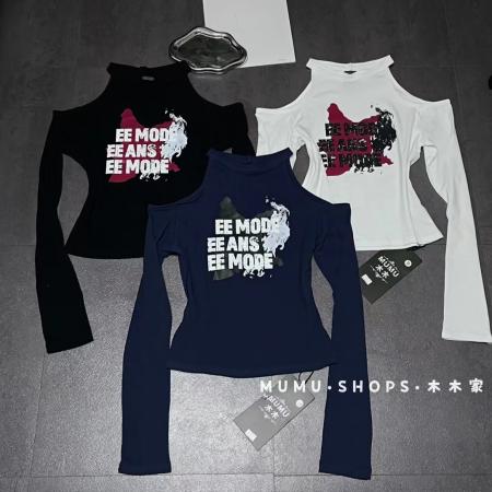 FA38174# 秋季新款韩版时尚圆领镂空露肩字母印花短袖T恤女修身 服裝批發女裝批發服飾貨源