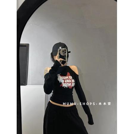 FA38174# 秋季新款韩版时尚圆领镂空露肩字母印花短袖T恤女修身 服裝批發女裝批發服飾貨源
