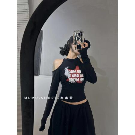 FA38174# 秋季新款韩版时尚圆领镂空露肩字母印花短袖T恤女修身 服裝批發女裝批發服飾貨源