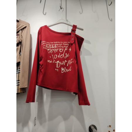 FA38176# 酷辣性感斜领皮扣肩带字母印花长袖打底衫女秋美式不规则开衫上衣 服裝批發女裝批發服飾貨源