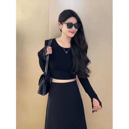 FA38177# 纯欲风性感露背蕾丝拼接长袖t恤女早秋季修身超好看独特漂亮上衣 服裝批發女裝批發服飾貨源