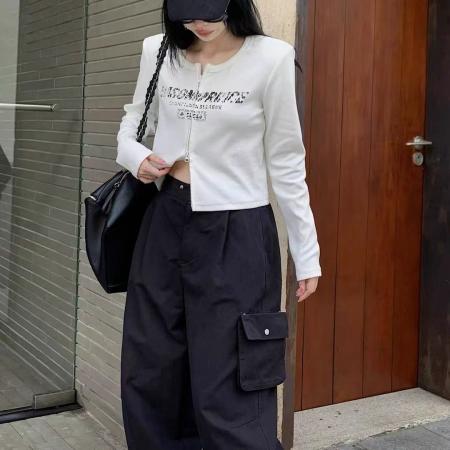 FA38181# 不规则双拉链长袖t恤女秋冬美式y2k辣妹短款上衣高级感打底衫内搭 服裝批發女裝批發服飾貨源