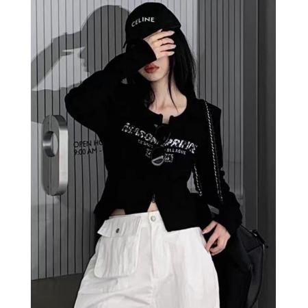 FA38181# 不规则双拉链长袖t恤女秋冬美式y2k辣妹短款上衣高级感打底衫内搭 服裝批發女裝批發服飾貨源