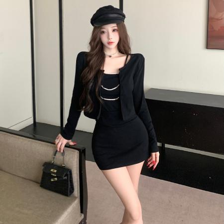 FA38183# 秋冬纯欲性感吊带显瘦链条外套上衣辣妹包臀半身裙三件套装裙 服裝批發女裝批發服飾貨源