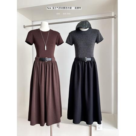 FA38184# 秋上新新款法式赫本风时尚撞色拼接短袖连衣裙女配腰带 服裝批發女裝批發服飾貨源