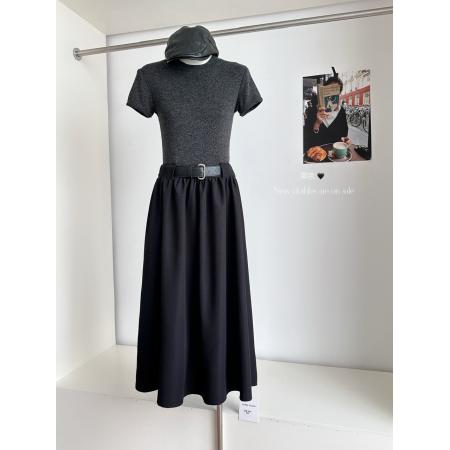 FA38184# 秋上新新款法式赫本风时尚撞色拼接短袖连衣裙女配腰带 服裝批發女裝批發服飾貨源