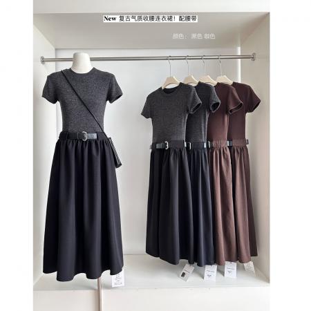 FA38184# 秋上新新款法式赫本风时尚撞色拼接短袖连衣裙女配腰带 服裝批發女裝批發服飾貨源