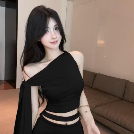 FA38189# 不对称斜肩飘带修身显瘦T恤背心上衣女半身裙套装 服裝批發女裝批發服飾貨源
