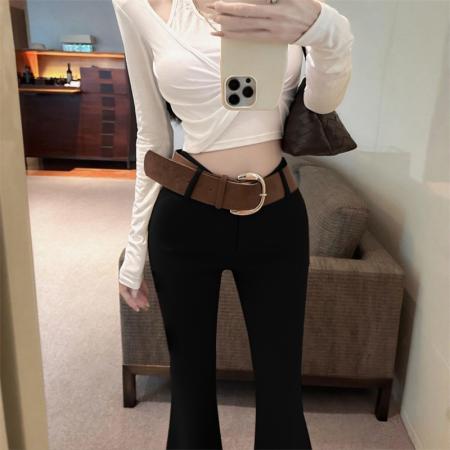 FA38191# 辣妹高腰微喇叭裤女秋季宽腰带外穿休闲百搭长裤 服裝批發女裝批發服飾貨源