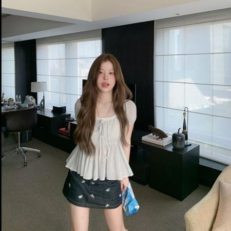 FA38194# 条纹娃娃衫短袖浅蓝色条纹衬衫女夏季衬衣上衣 服裝批發女裝批發服飾貨源