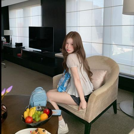 FA38194# 条纹娃娃衫短袖浅蓝色条纹衬衫女夏季衬衣上衣 服裝批發女裝批發服飾貨源