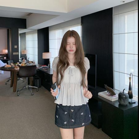 FA38194# 条纹娃娃衫短袖浅蓝色条纹衬衫女夏季衬衣上衣 服裝批發女裝批發服飾貨源