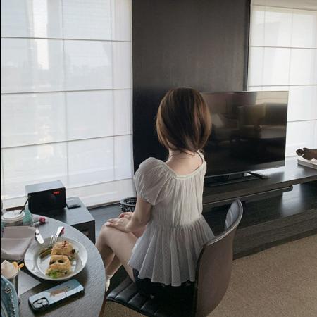 FA38194# 条纹娃娃衫短袖浅蓝色条纹衬衫女夏季衬衣上衣 服裝批發女裝批發服飾貨源