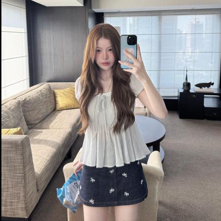 FA38194# 条纹娃娃衫短袖浅蓝色条纹衬衫女夏季衬衣上衣 服裝批發女裝批發服飾貨源