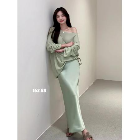FA38195# 温柔风绿色斜肩长袖针织衫套装女春季高腰鱼尾半身裙两件套 服裝批發女裝批發服飾貨源