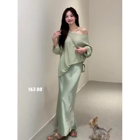 FA38195# 温柔风绿色斜肩长袖针织衫套装女春季高腰鱼尾半身裙两件套 服裝批發女裝批發服飾貨源
