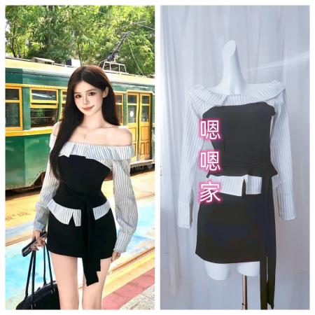FA38201# 画解WAHJU伯德小姐早秋拼接设计感百搭条纹上衣黑色半裙 服裝批發女裝批發服飾貨源