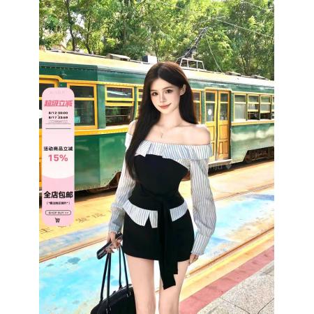 FA38201# 画解WAHJU伯德小姐早秋拼接设计感百搭条纹上衣黑色半裙 服裝批發女裝批發服飾貨源