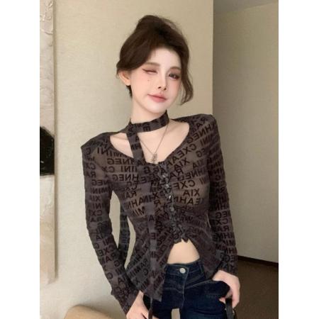 FA38203# 网纱植绒长袖V领修身显瘦飘带打底衫上衣 服裝批發女裝批發服飾貨源