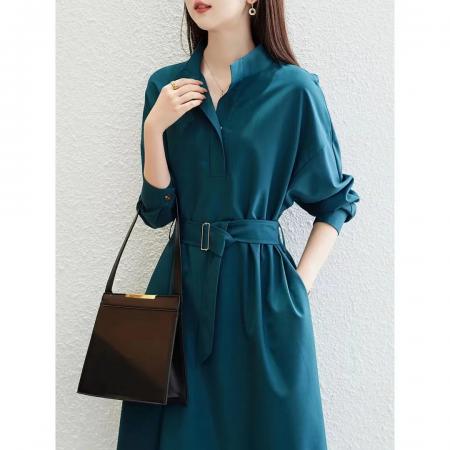 FA38204# 一粒扣直筒裙秋新款款立领落肩茧型连衣裙女中长款 服裝批發女裝批發服飾貨源