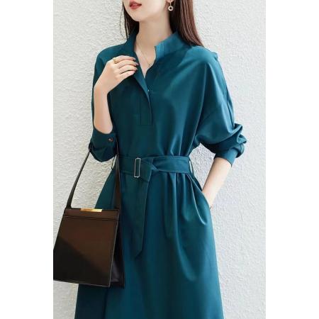 FA38204# 一粒扣直筒裙秋新款款立领落肩茧型连衣裙女中长款 服裝批發女裝批發服飾貨源