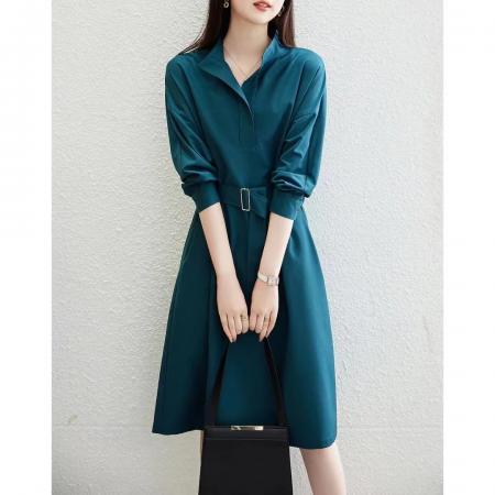 FA38204# 一粒扣直筒裙秋新款款立领落肩茧型连衣裙女中长款 服裝批發女裝批發服飾貨源
