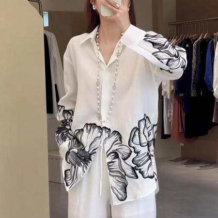 FA38206# 秋季新款法式时尚气质款水墨印花宽松休闲设计感长袖衬衫上衣 服裝批發女裝批發服飾貨源